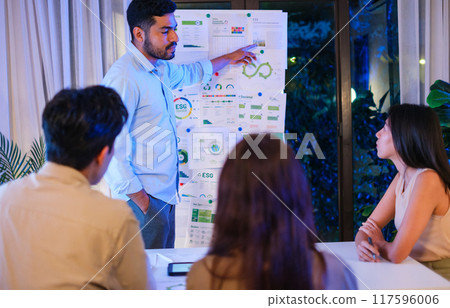 diversity team brainstorming focused on ESG (environment,social,governance)  with tablet or sdgs goals in a sustainable green office at night 117596006