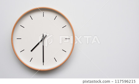 Minimalist wooden Wall Clock on White Wooden Surface with Space for Text. Time Set at 19.30/07.30 Minimalist wooden Wall Clock on White Wooden Surface with Space for Text. Time Set at 19.30/07.30 117596215
