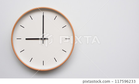 Minimalist wooden Wall Clock on White Wooden Surface with Space for Text. Time Set at 09.00/21.00 Minimalist wooden Wall Clock on White Wooden Surface with Space for Text. Time Set at 09.00/21.00 117596233