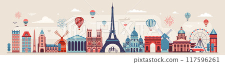 Travel Paris Web Banner with Popular Landmarks 117596261