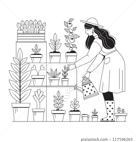 Woman Gardener Watering Plants in Pots 117596265