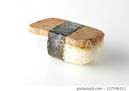 Spam musubi photographed on white background Spam musubi photographed on white background 117596311