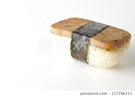 Spam musubi photographed on white background 117596313