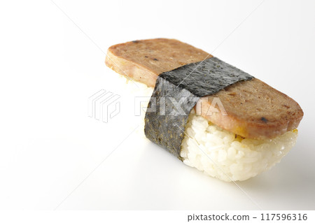 Spam musubi photographed on white background Spam musubi photographed on white background 117596316