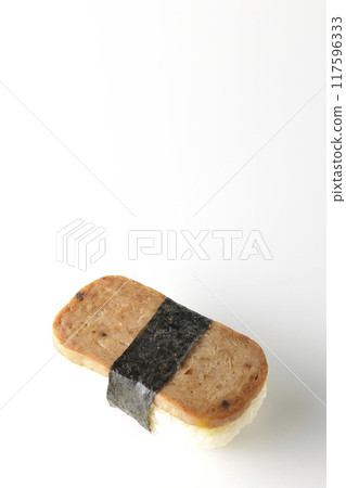 Spam musubi photographed on white background Spam musubi photographed on white background 117596333