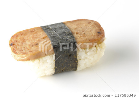 Spam musubi photographed on white background Spam musubi photographed on white background 117596349