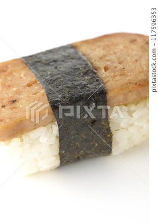Spam musubi photographed on white background Spam musubi photographed on white background 117596353