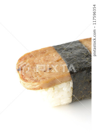 Spam musubi photographed on white background Spam musubi photographed on white background 117596354
