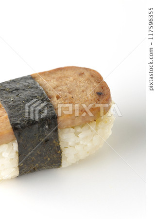 Spam musubi photographed on white background Spam musubi photographed on white background 117596355