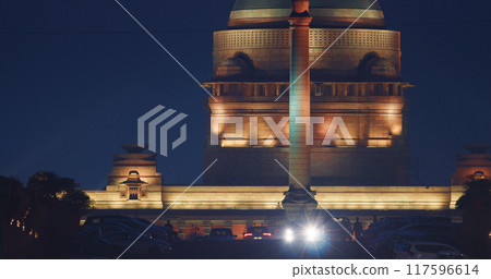 New Delhi, Delhi, India. Close up of Rashtrapati Bhavan, Viceroys House, official residence Presidential Palace in Kartavya Path, Rajpath Area. Rashtrapati Bhavan in evening night illumination lights 117596614