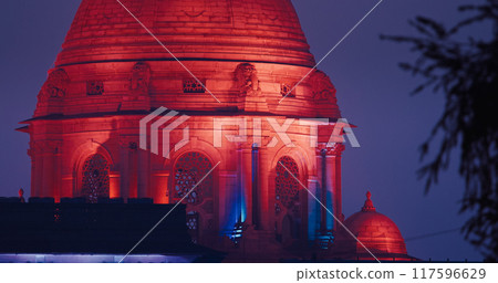 New Delhi, Delhi, India. Close up of Rashtrapati Bhavan, Viceroys House, official residence Presidential Palace in Kartavya Path, Rajpath Area. Rashtrapati Bhavan in evening night illumination lights 117596629