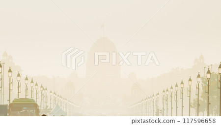 New Delhi, Delhi, India. Kartavya Path, Rajpath Area. Toxic smog cloud covered city. City Central Park. Ceremonial Boulevard Rajpath Or Kartavya Path Was Named Kingsway. Popular Public Space For 117596658