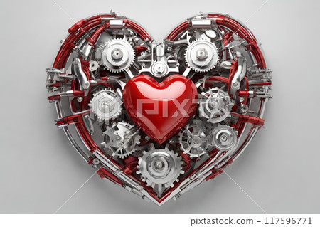 A mechanical heart with alternating sections of vibrant red and sleek chrome 117596771