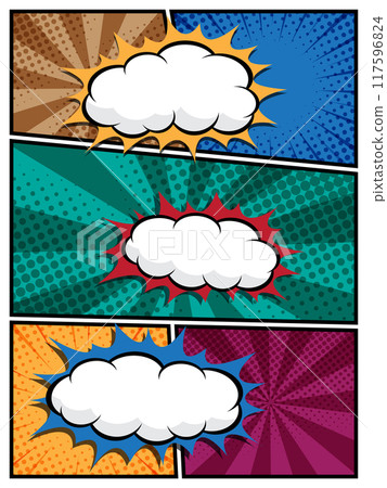 comic speech bubbles in white clouds on a vibrant pop art background vector illustration 117596824