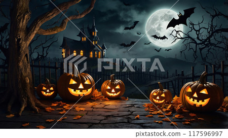 halloween party, pumpkins, spooky autumn background 117596997