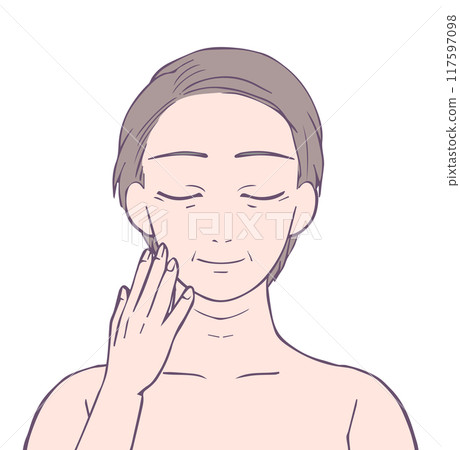 一位中年婦女閉著眼睛微笑的上半身,美女插畫 一位中年婦女閉著眼睛微笑的上半身,美女插畫 117597098