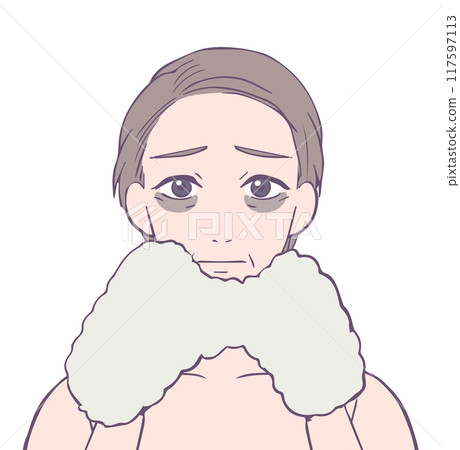 Upper body of a middle-aged woman with a troubled face due to dark circles under her eyes, beauty illustration 117597113