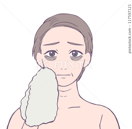 Upper body of a middle-aged woman with a troubled face due to dark circles under her eyes, beauty illustration Upper body of a middle-aged woman with a troubled face due to dark circles under her eyes, beauty illustration 117597121