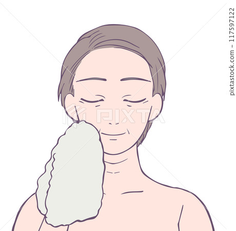 Upper body of a middle-aged woman smiling with her eyes closed, beauty illustration 117597122
