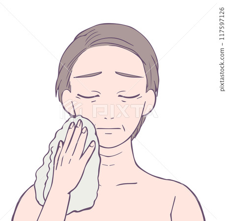 一位中年婦女的上半身,閉著眼睛,臉色困擾,美女插畫 一位中年婦女的上半身,閉著眼睛,臉色困擾,美女插畫 117597126