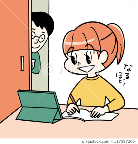 A girl studying on her own using a digital device and her father watching over her 117597269