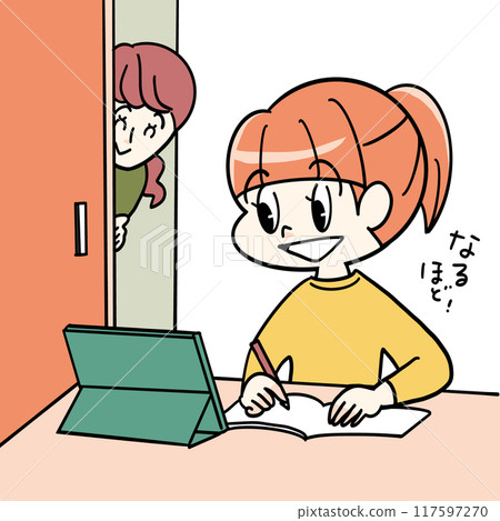 A girl studying on her own using a digital device and her mother watching over her 117597270