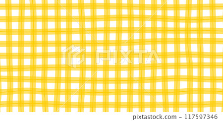 Checkered gingham or vichy pattern in doodle style. Picnic plaid, tablecloth or napkin texture in freehand technique. Yellow crossed uneven lines. Minimalistic aesthetic print. Vector illustration 117597346