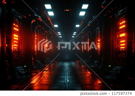 A dark, empty room with orange lights. The room is lit by a series of lights, creating a sense of emptiness and isolation 117597374