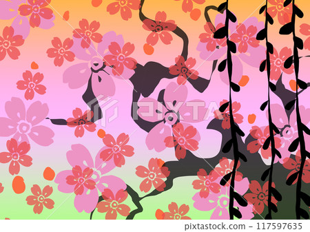 Colorful Japanese style and Japanese pattern material with cherry blossoms in full bloom Colorful Japanese style and Japanese pattern material with cherry blossoms in full bloom 117597635