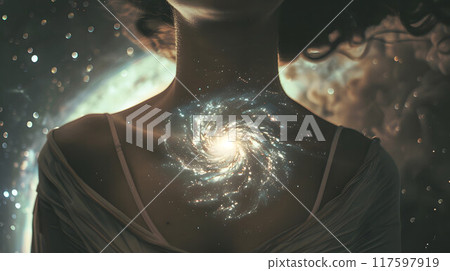 A scene where the universe is visible on a woman's throat 117597919