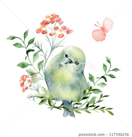 Bird round body green yellow colors and floral elements hand drawn watercolor. Pink butterfly, birdie and simple flowers in botanical sketch. Greenfinch, leafbird painted for cute avian illustration. Bird round body green yellow colors and floral elements hand drawn watercolor. Pink butterfly, birdie and simple flowers in botanical sketch. Greenfinch, leafbird painted for cute avian illustration. 117598256