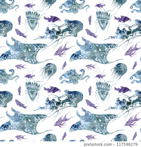 Watercolor and ink hand drawn marine life, sea ocean underwater creatures. fish, shells algae seaweed. Seamless pattern illustration, stylized, isolated on white. Zoo shop, aquarium, cosmetics, resort Watercolor and ink hand drawn marine life, sea ocean underwater creatures. fish, shells algae seaweed. Seamless pattern illustration, stylized, isolated on white. Zoo shop, aquarium, cosmetics, resort 117598279