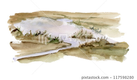 Scenery landscape ground, lake pool river stream water, moorland swamp pasture prairie grass, hand drawn in watercolor. Single isolated element for tourism, resort ads, hiking camping sites vacation. Scenery landscape ground, lake pool river stream water, moorland swamp pasture prairie grass, hand drawn in watercolor. Single isolated element for tourism, resort ads, hiking camping sites vacation. 117598280