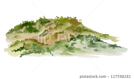 Scenery landscape hill mountain with dense forest fir spruce trees, grassy land alpine vista, hand drawn in watercolor. Single isolated element for tourism, resort ads, hiking camping sites vacation. Scenery landscape hill mountain with dense forest fir spruce trees, grassy land alpine vista, hand drawn in watercolor. Single isolated element for tourism, resort ads, hiking camping sites vacation. 117598281