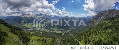 Cross Monte Croce from Crusc da Rit Aerial view of the Dolomites mountain landscape in Trentino, South Tyrol in Northern Italy. Cross Monte Croce from Crusc da Rit Aerial view of the Dolomites mountain landscape in Trentino, South Tyrol in Northern Italy. 117598291