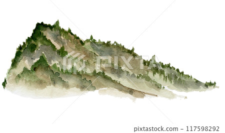 Scenery landscape grassy land alpine vista, hill mountain with dense forest fir spruce trees, hand drawn in watercolor. Single isolated element for tourism, resort ads, hiking camping sites vacation. Scenery landscape grassy land alpine vista, hill mountain with dense forest fir spruce trees, hand drawn in watercolor. Single isolated element for tourism, resort ads, hiking camping sites vacation. 117598292