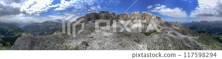 Piz Boe Aerial view of the Dolomites mountain landscape in Trentino, South Tyrol in Northern Italy. 117598294