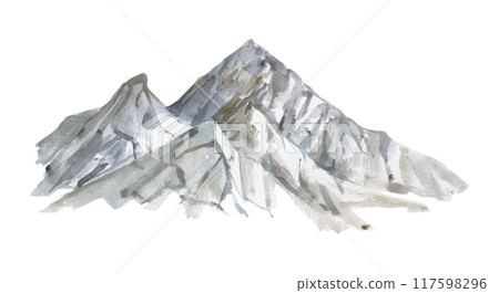 Scenery landscape mountain range snowy peaks crags cliffs alpine vista, illustration hand drawn in watercolor. Single isolated element for tourism, resort ads, maps, hiking camping sites vacation. Scenery landscape mountain range snowy peaks crags cliffs alpine vista, illustration hand drawn in watercolor. Single isolated element for tourism, resort ads, maps, hiking camping sites vacation. 117598296