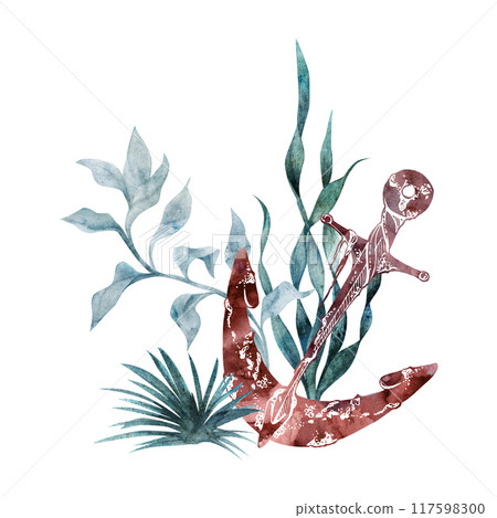 Watercolor and ink hand drawn marine life, sea ocean underwater creatures. fish, shells algae seaweed. Composition illustration, stylized, isolated on white. For zoo shop, aquarium, cosmetics, resort 117598300