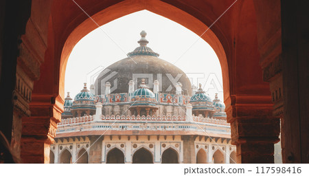 New Delhi, Delhi, India. Doves birds sitting on Isa Khan's Tomb near The Humayun's tomb. Famous place is Tomb of Mughal emperor, Mirza Nasir al-Din Muhammad commonly known as Humayun situated in Delhi 117598416