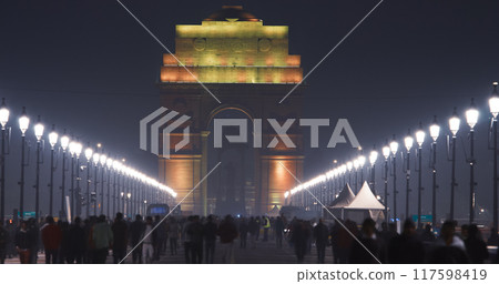 New Delhi, India. People walking near India Gate Or All India War Memorial In Evening Night . Statue Of Subhas Chandra Bose Or Netajis Statue On Background. National Hero 117598419