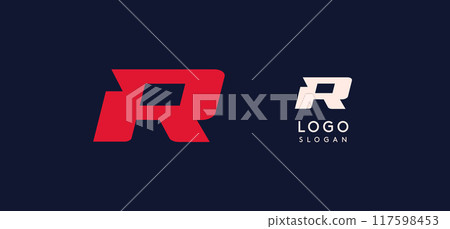 Wide bold red letter R, modern dynamic logo for business identity of technological, automotive and sports business. Vector illustration. Wide bold red letter R, modern dynamic logo for business identity of technological, automotive and sports business. Vector illustration. 117598453