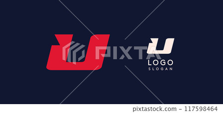 Wide bold red letter U, modern dynamic logo for business identity of technological, automotive and sports business. Vector illustration. Wide bold red letter U, modern dynamic logo for business identity of technological, automotive and sports business. Vector illustration. 117598464