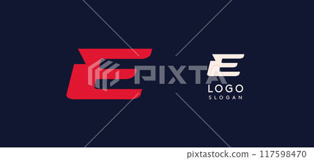 Wide bold red letter E, modern dynamic logo for business identity of technological, automotive and sports business. Vector illustration. Wide bold red letter E, modern dynamic logo for business identity of technological, automotive and sports business. Vector illustration. 117598470