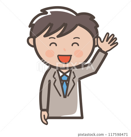 Illustration of a male businessman smiling and waving his hand in greeting Illustration of a male businessman smiling and waving his hand in greeting 117598471