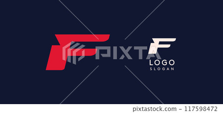 Wide bold red letter F, modern dynamic logo for business identity of technological, automotive and sports business. Vector illustration. Wide bold red letter F, modern dynamic logo for business identity of technological, automotive and sports business. Vector illustration. 117598472