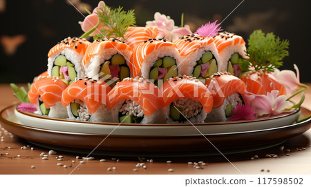 Sushi Plate With Colorful Rolls and Garnishes on Neutral Background. Japanese Cuisine. Generative AI 117598502