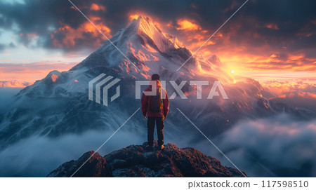 Hiker Enjoys Breathtaking Sunrise View Over Mountains and Valleys, Natural Landscape. Generative AI 117598510