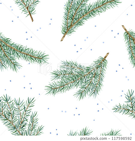 Pine tree branches and falling snow watercolor seamless pattern on white. Hand drawn green spruce background for holiday botanical decor for winter New Year greeting cards and prints 117598592