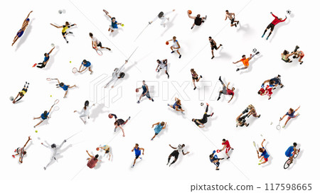 Collage. Multiple athletes, men and women of different sports in motion during training and competition session isolated on white background. 117598665